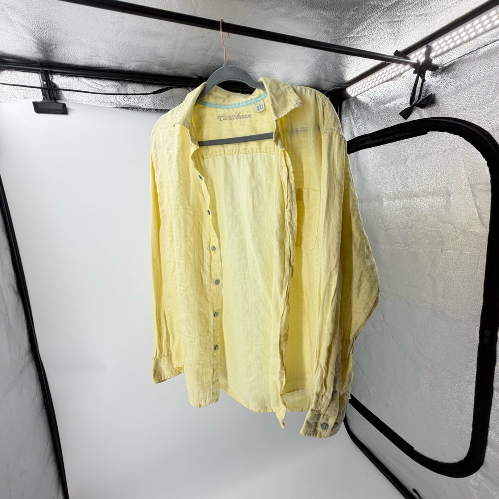 Caribbean Mens Yellow Linen Blend Button Down Shirt Cover up Large
